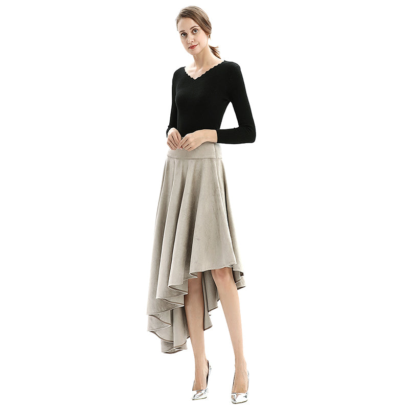 JJparty-S145 Women faux suede wide waistband full circle high low asymmetric flare skirt