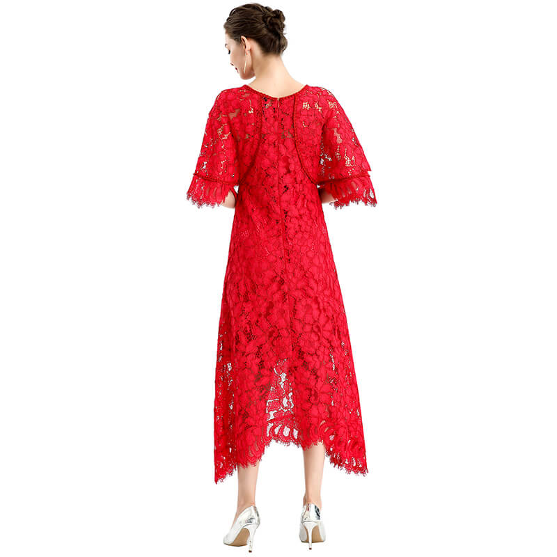 JJparty-D078-5 Women floral lace cape sleeve flared asymmetric hem midi evening dress