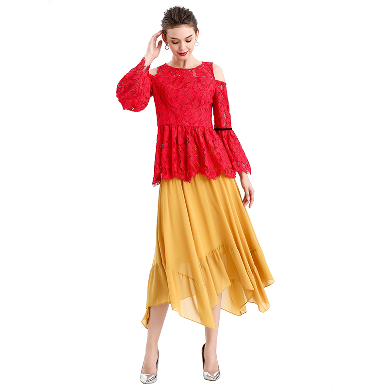 JJparty-S068-7 Women solid chiffon asymmetric panelled long flare handkerchief skirt