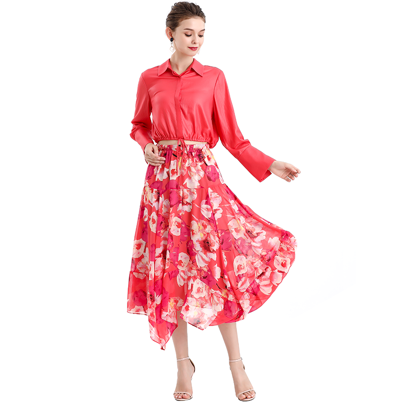 JJparty-S068-8 Women floral print chiffon asymmetric panelled long flare handkerchief skirt