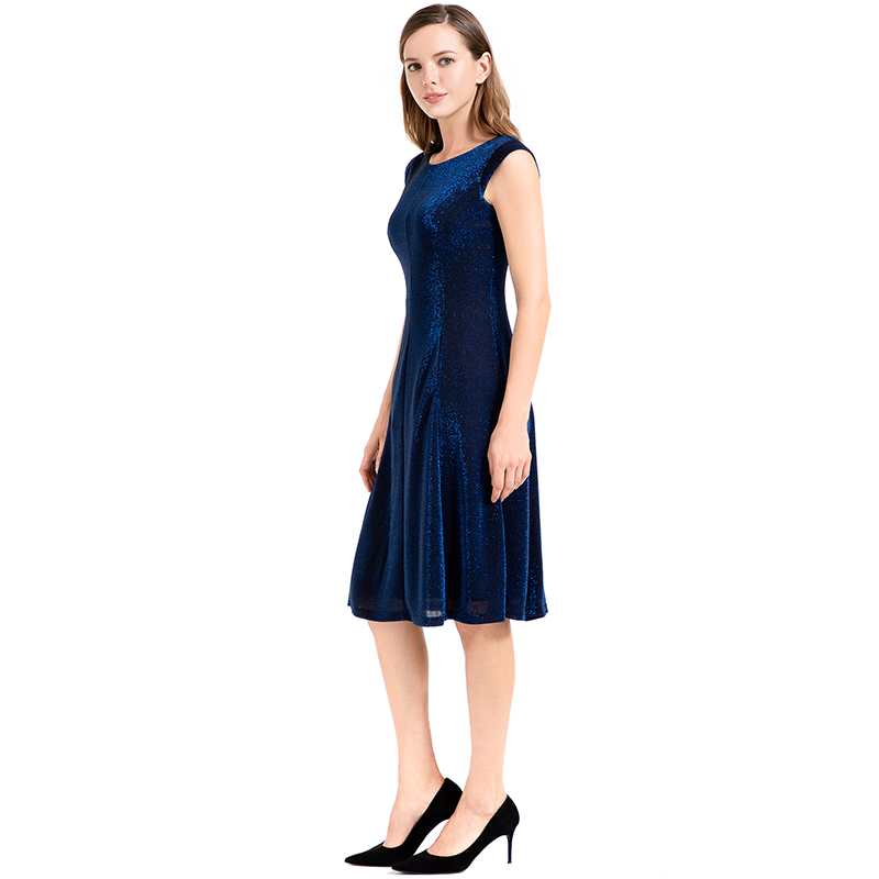 JJparty-D026 Women semi-sheer metallic knit round neck sleeveless A-line flared midi party dress