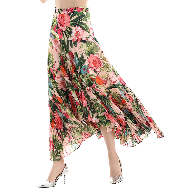 JJparty-S069-2 Women floral print panelled asymmetric pleated ruffle long flare skirt