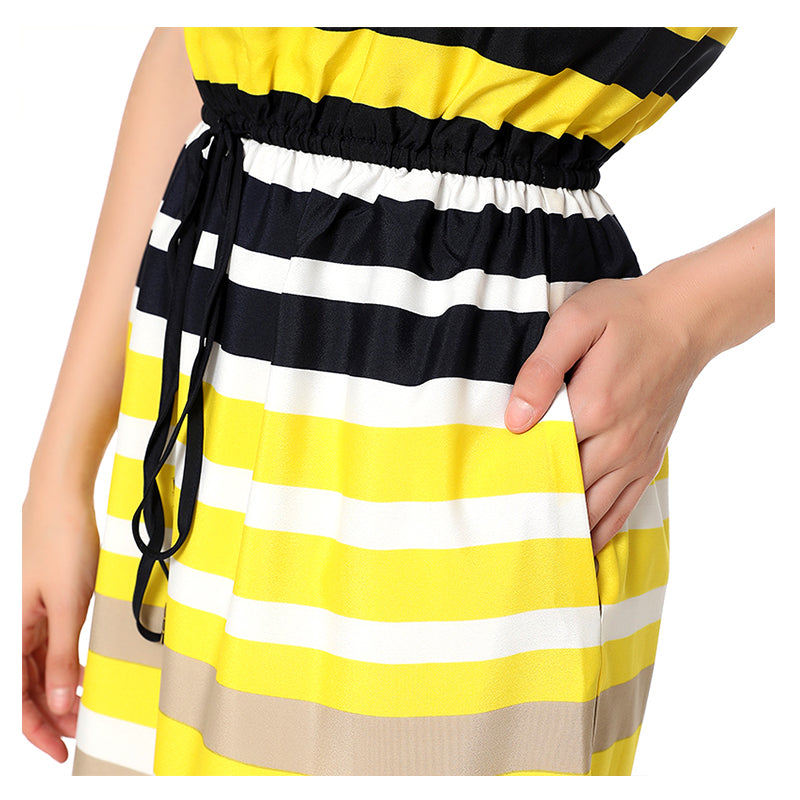 JJparty-D039 Women stripe print round neck sleeveless tie-waist straight-cut mini dress
