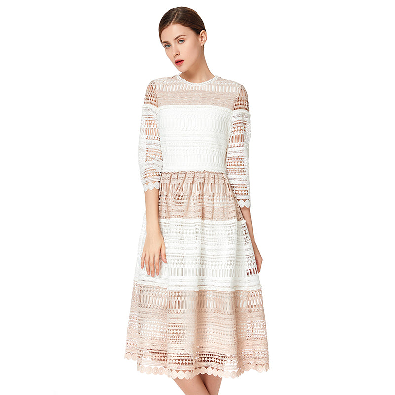 JJparty-D139 Women macramé lace-panelled three-quarter sleeves flared midi dress