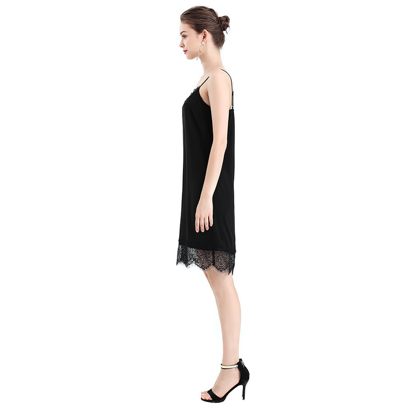 JJparty-D102 Women solid polyester lace trimmed strappy mini slip dress