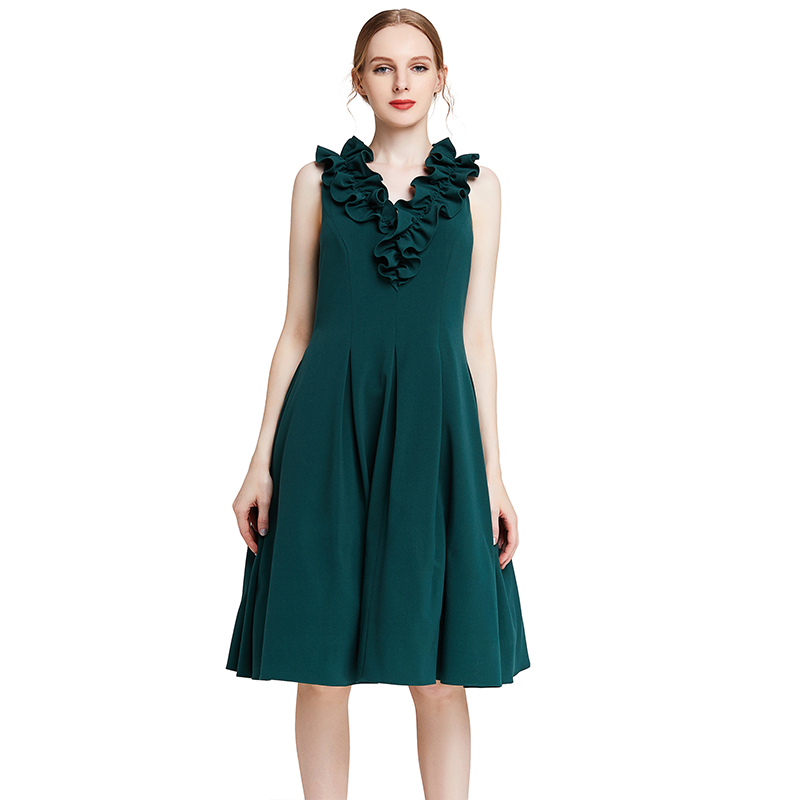 JJparty-D004 Women solid sleeveless ruched ruffle midi party dress