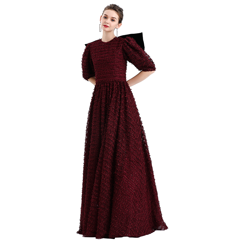 JJparty-D119 Girls All-over embroidered ribbon three-quarter puff sleeves flared hem maxi gown
