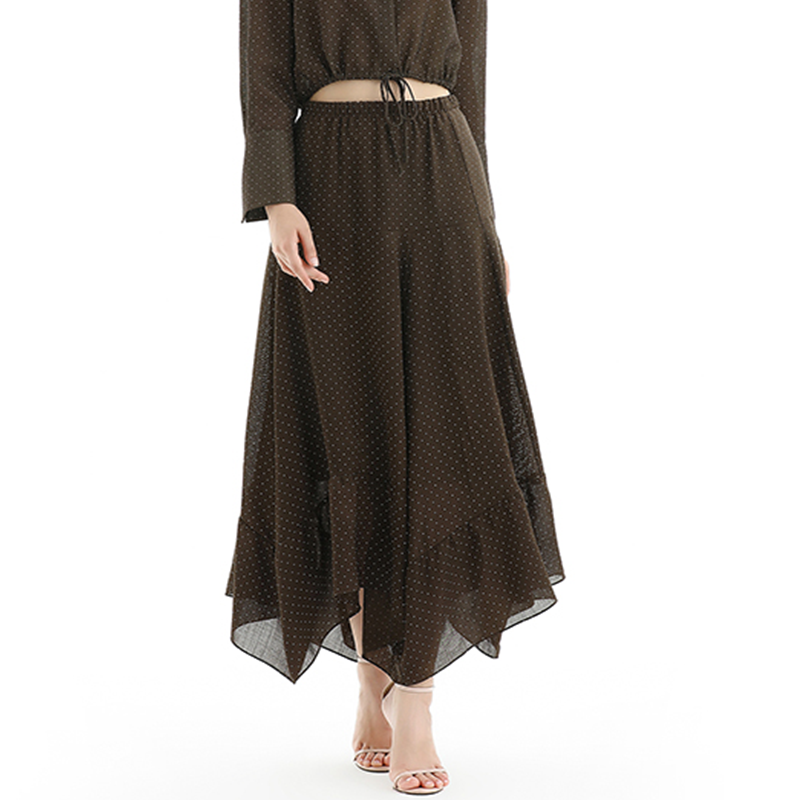 JJparty-S068-1 Women polka dot print asymmetric panelled long flare handkerchief skirt