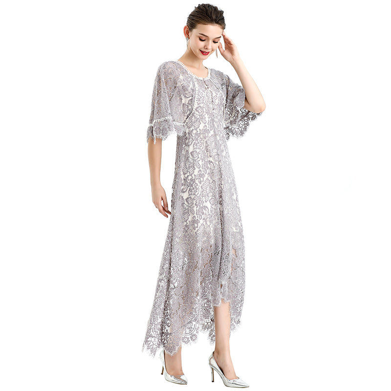 JJparty-D078-1 Women floral lace cape sleeve flared asymmetric hem midi evening dress