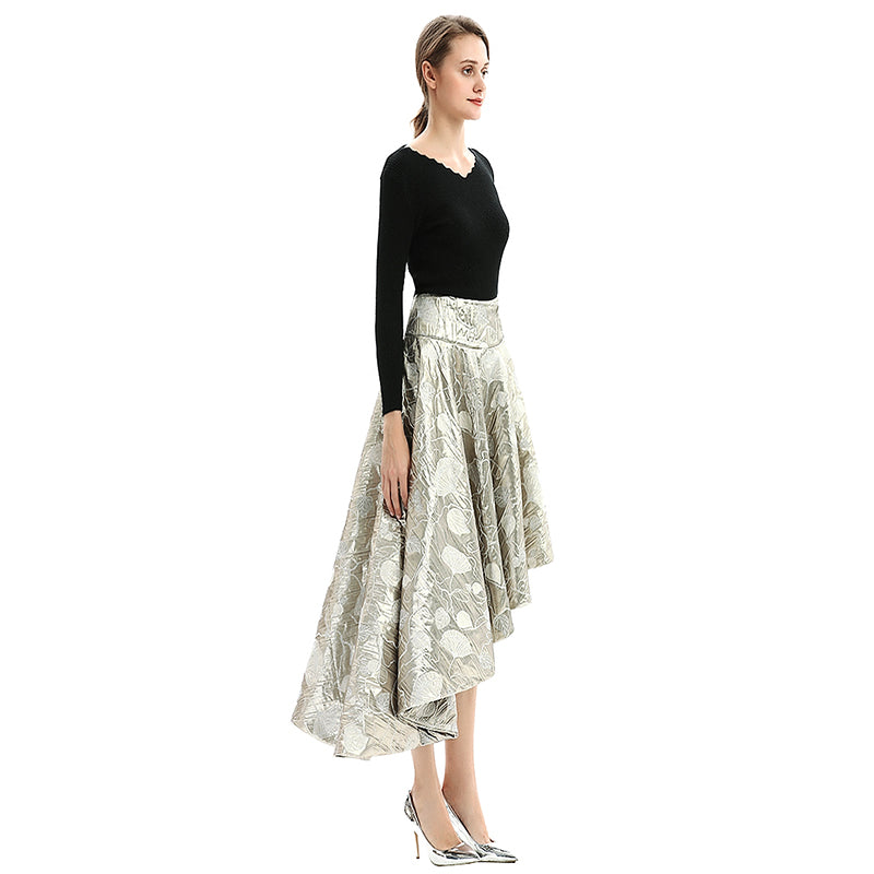 JJparty-S144 Women metallic bubble jacquard full circle asymmetric flare party skirt