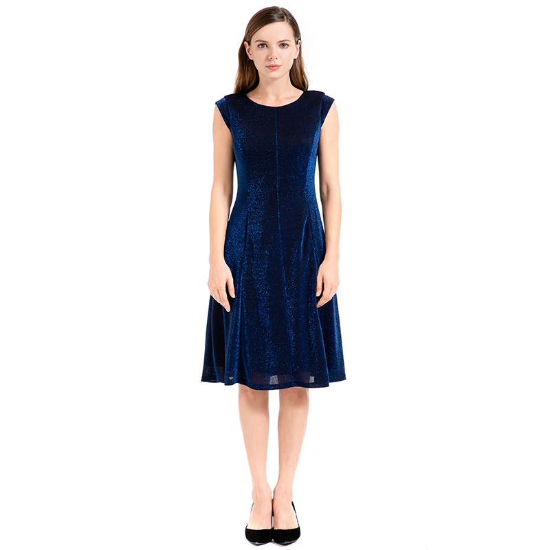 JJparty-D026 Women semi-sheer metallic knit round neck sleeveless A-line flared midi party dress