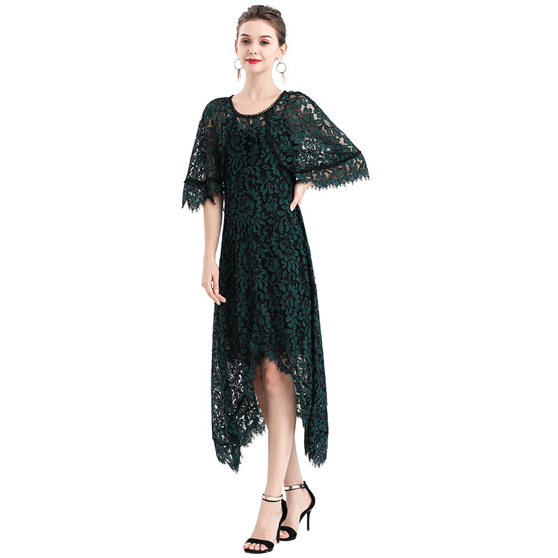 JJparty-D078-3 Women floral lace cape sleeve flared asymmetric hem midi evening dress