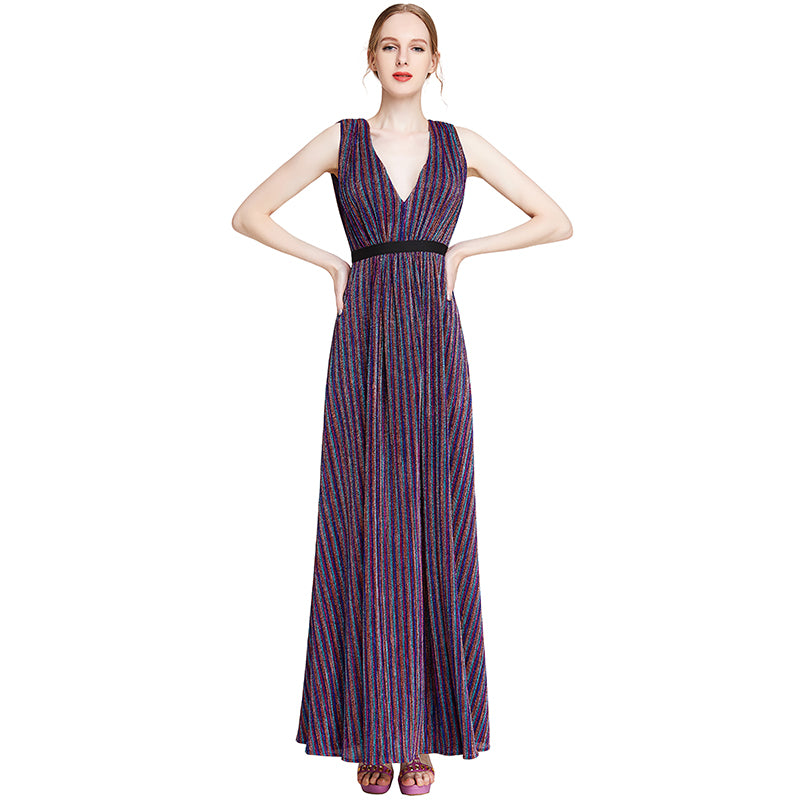 JJparty-D014 Women metallic knit V neck sleeveless pleated maxi evening dress