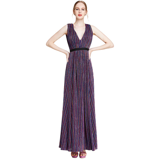 JJparty-D014 Women metallic knit V neck sleeveless pleated maxi evening dress