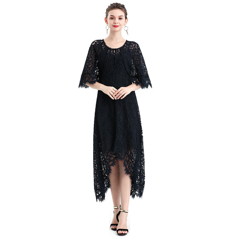 JJparty-D078-3 Women floral lace cape sleeve flared asymmetric hem midi evening dress