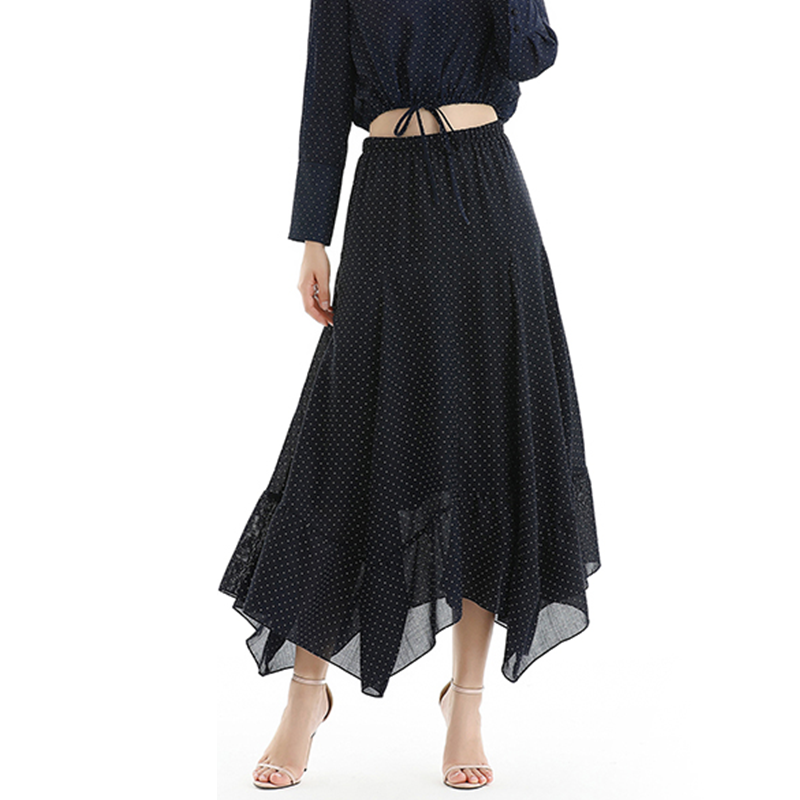 JJparty-S068-1 Women polka dot print asymmetric panelled long flare handkerchief skirt