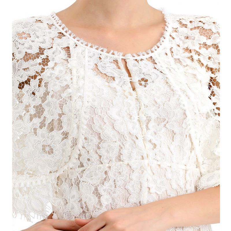 JJparty-D078-4 Women peony lace cape sleeve flared asymmetric hem midi evening dress