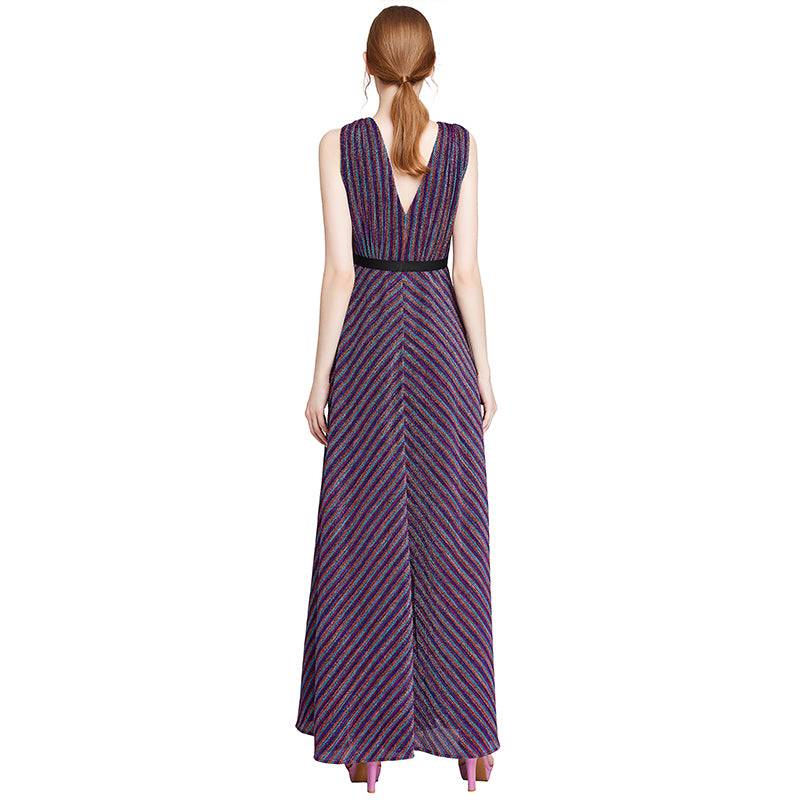 JJparty-D014 Women metallic knit V neck sleeveless pleated maxi evening dress