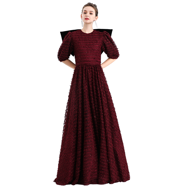 JJparty-D119 Girls All-over embroidered ribbon three-quarter puff sleeves flared hem maxi gown