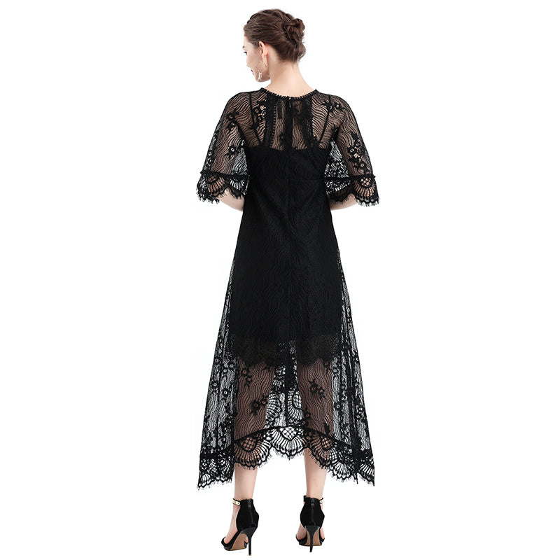 JJparty-D078-2 Women floral lace cape sleeve flared asymmetric hem midi evening dress