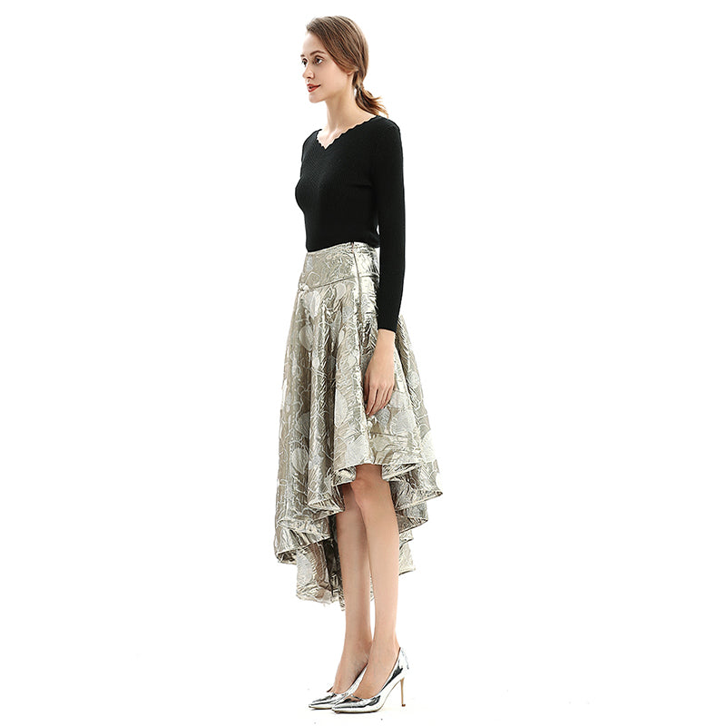 JJparty-S144 Women metallic bubble jacquard full circle asymmetric flare party skirt