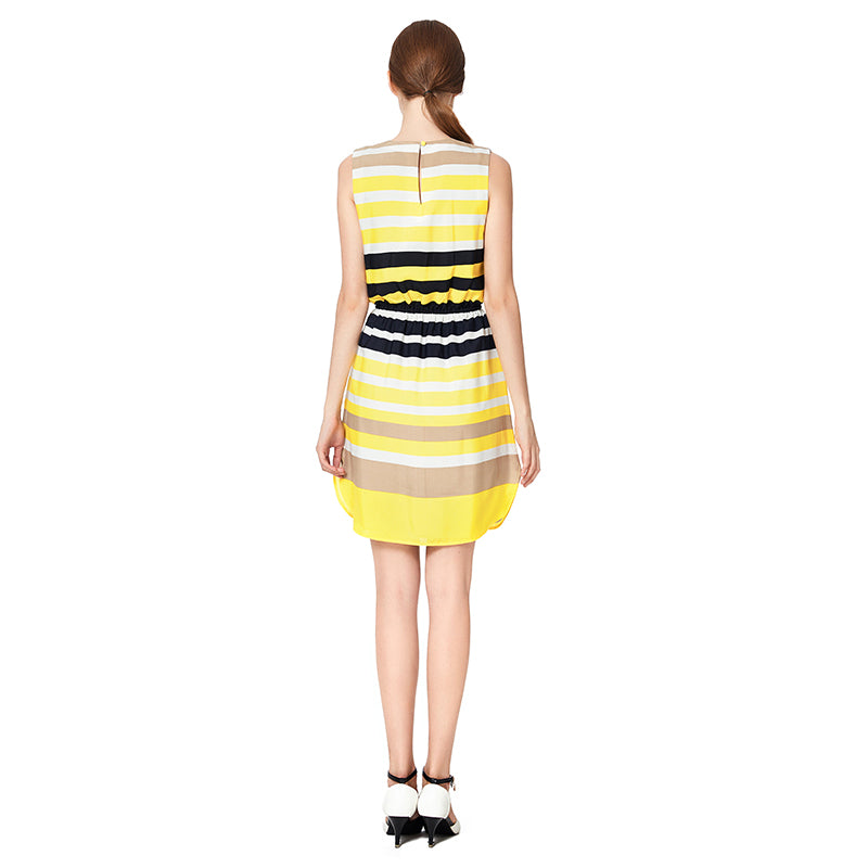 JJparty-D039 Women stripe print round neck sleeveless tie-waist straight-cut mini dress