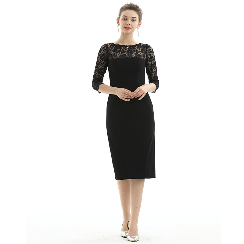 JJparty-D072 Women polyester knit scallop lace panel three-quarter sleeves fitted party midi dress