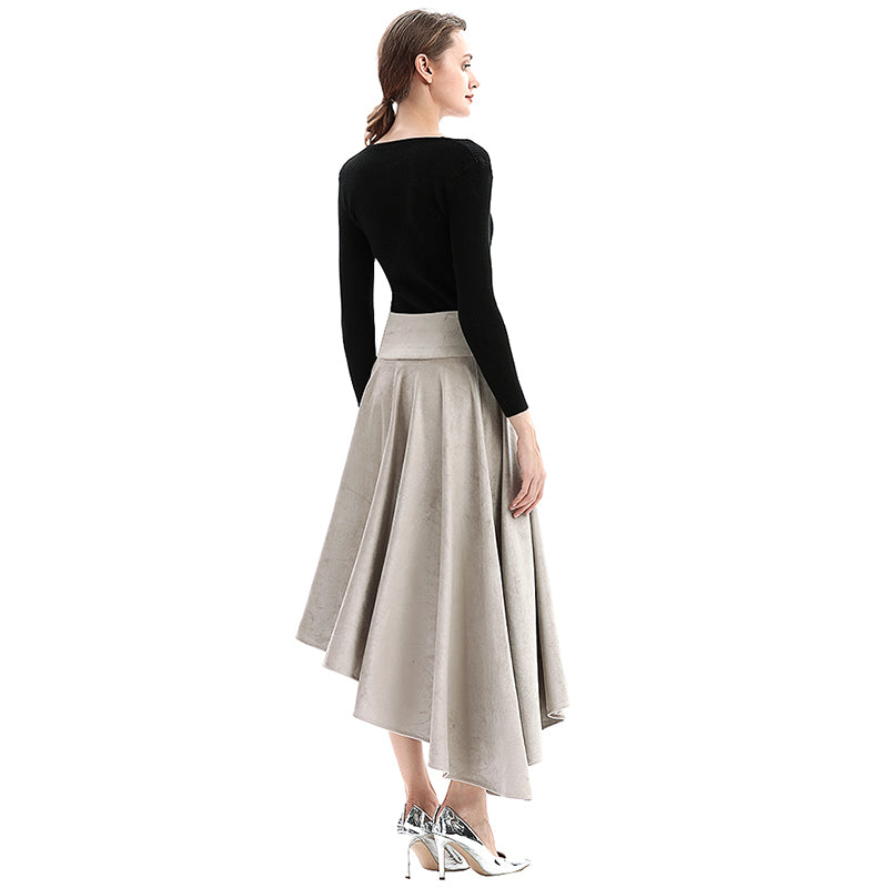 JJparty-S145 Women faux suede wide waistband full circle high low asymmetric flare skirt