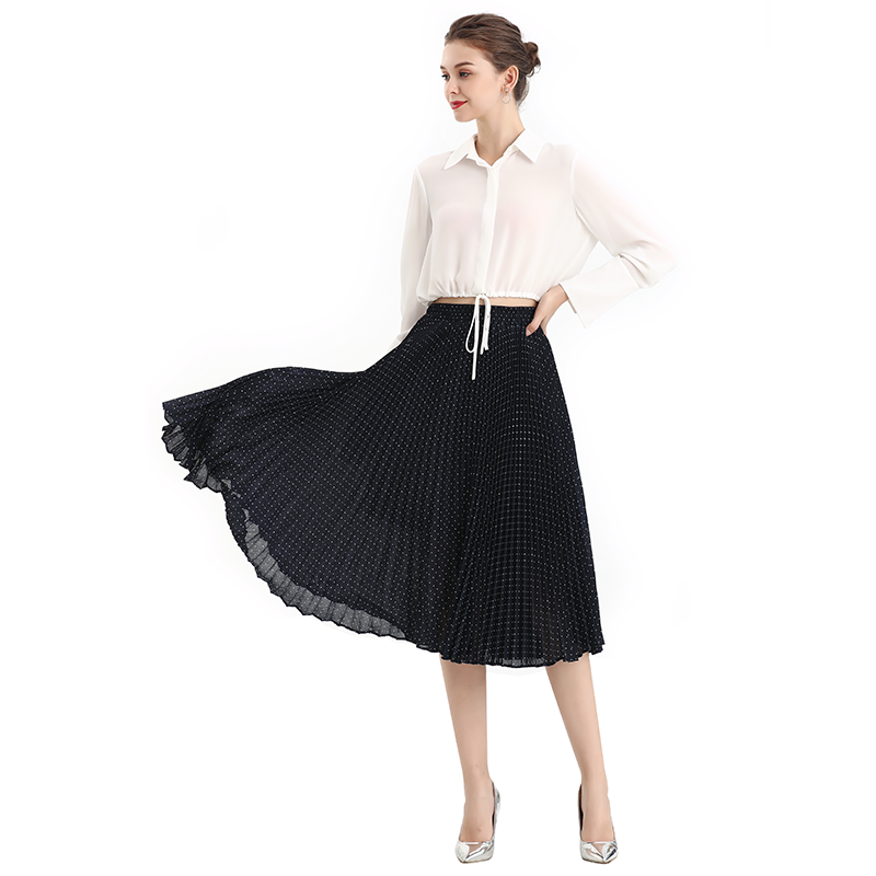 JJparty-S076-1 Women polka dot print pleated midi casual skirt