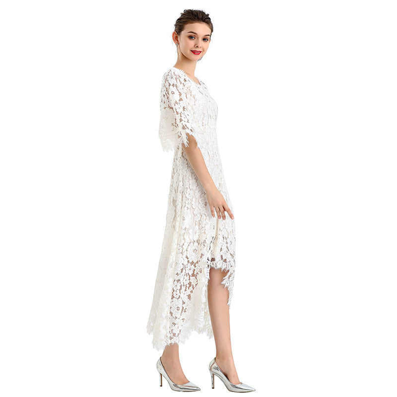 JJparty-D078-4 Women peony lace cape sleeve flared asymmetric hem midi evening dress