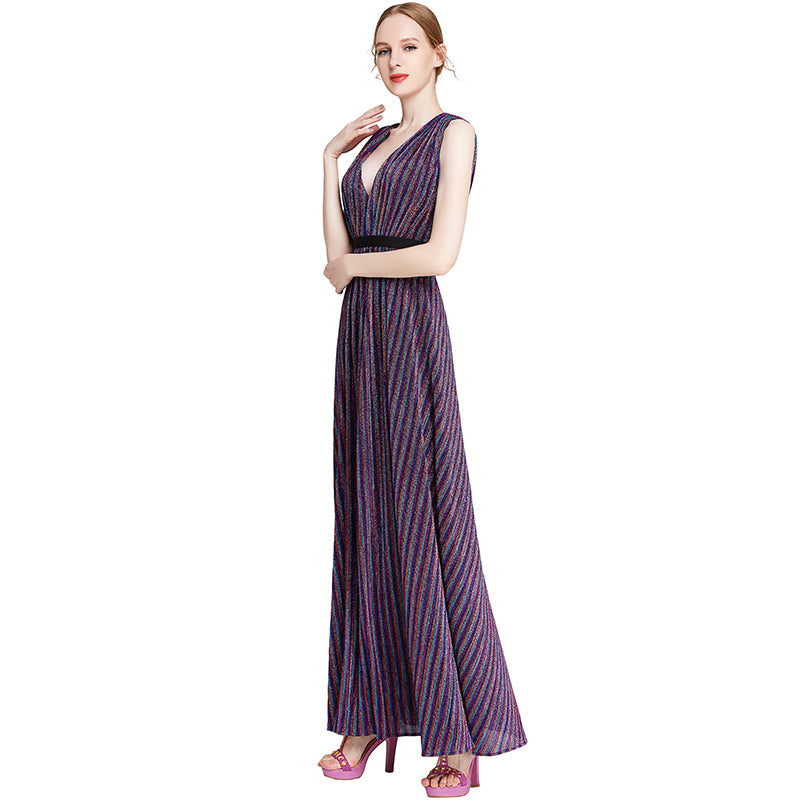 JJparty-D014 Women metallic knit V neck sleeveless pleated maxi evening dress