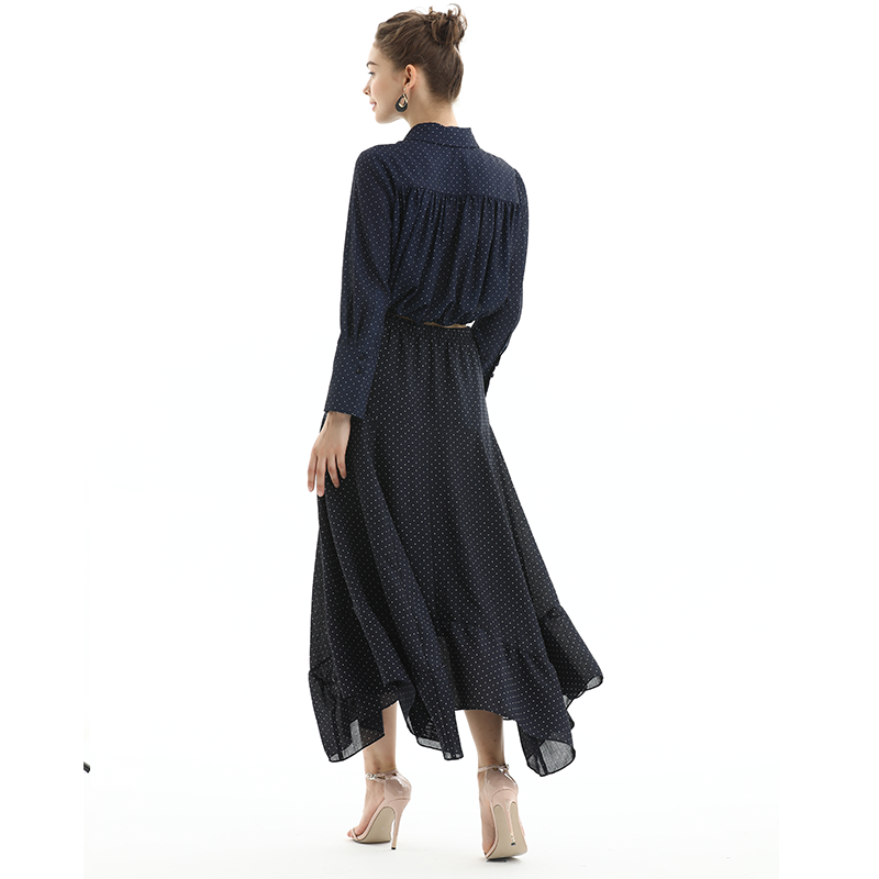 JJparty-S068-1 Women polka dot print asymmetric panelled long flare handkerchief skirt