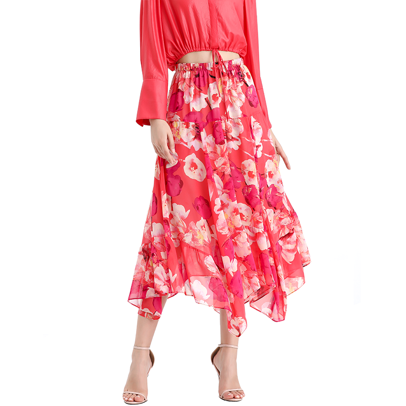 JJparty-S068-8 Women floral print chiffon asymmetric panelled long flare handkerchief skirt
