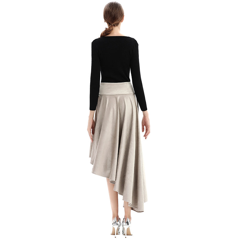 JJparty-S145 Women faux suede wide waistband full circle high low asymmetric flare skirt