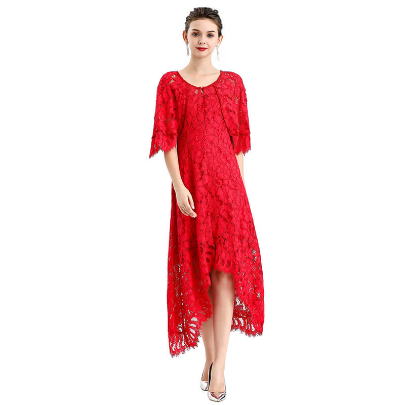 JJparty-D078-5 Women floral lace cape sleeve flared asymmetric hem midi evening dress