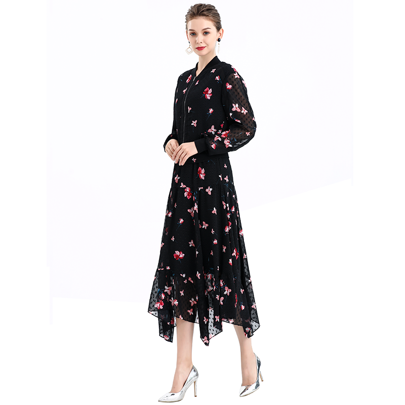 JJparty-S068-9 Women print swiss-dot clipped jacquard asymmetric panelled long flare handkerchief skirt