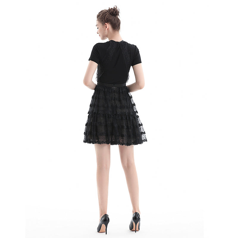 JJparty-D073 Women lace halter neck scallop trims ruffled detail tiered mini evening dress
