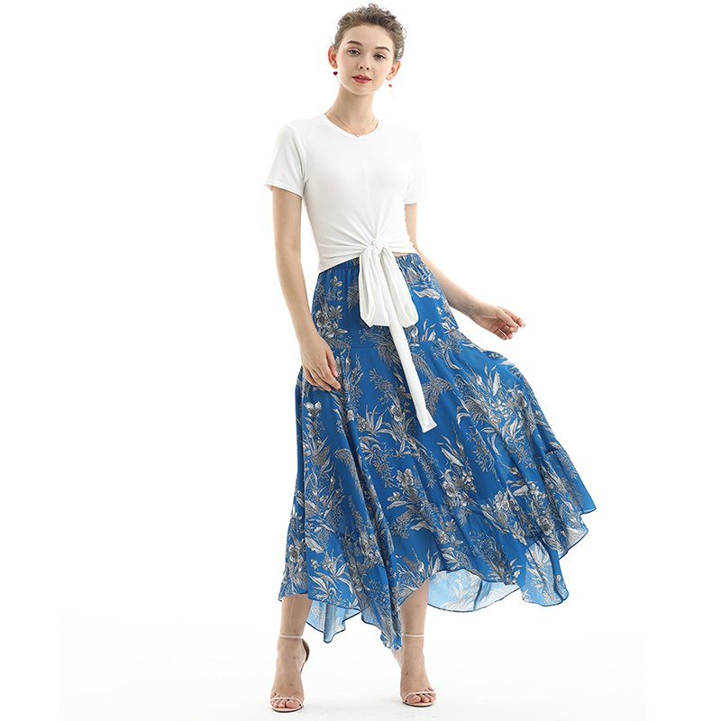 JJparty-S068 Women floral print asymmetric panelled long flare handkerchief skirt
