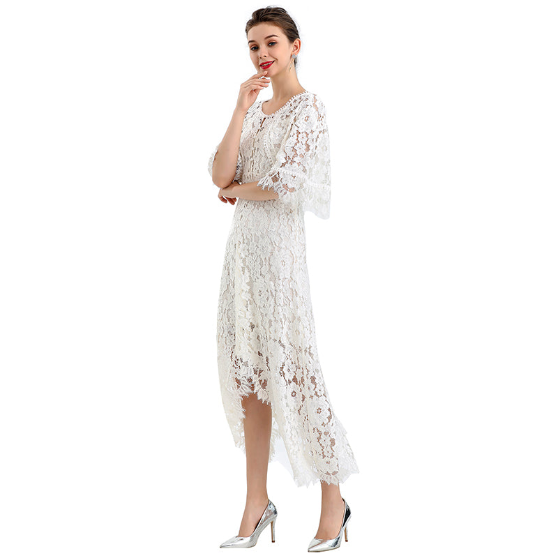 JJparty-D078-4 Women peony lace cape sleeve flared asymmetric hem midi evening dress