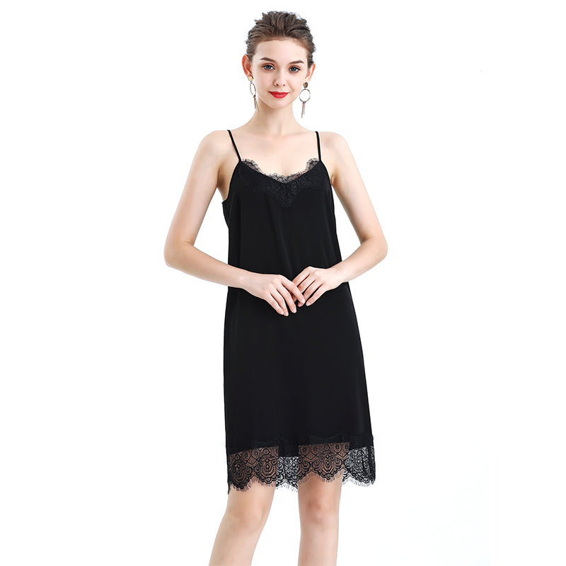 JJparty-D102 Women solid polyester lace trimmed strappy mini slip dress