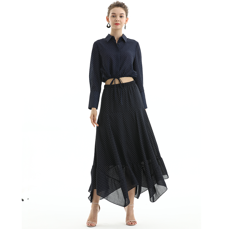 JJparty-S068-1 Women polka dot print asymmetric panelled long flare handkerchief skirt