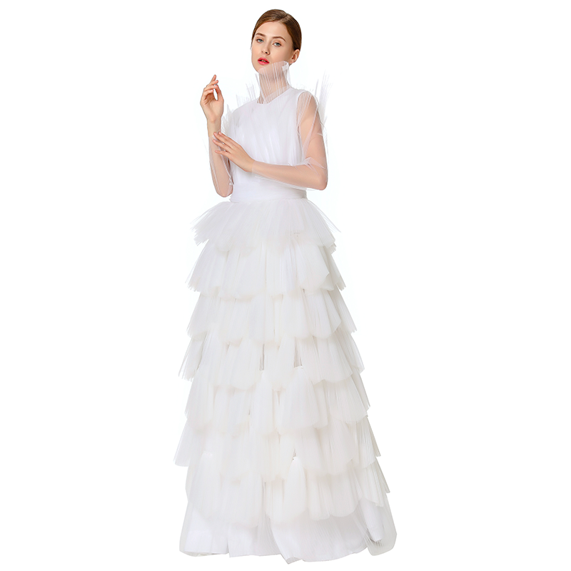 JJparty-D132 Women Girls satin top round neck pleated ruffle tiered tulle gown