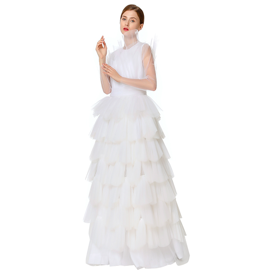 JJparty-D132 Women Girls satin top round neck pleated ruffle tiered tulle gown