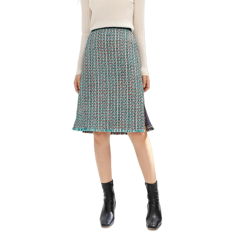 JJparty-C153 Women tweed plaid fringed hem A-line midi skirt