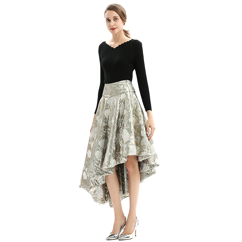 JJparty-S144 Women metallic bubble jacquard full circle asymmetric flare party skirt