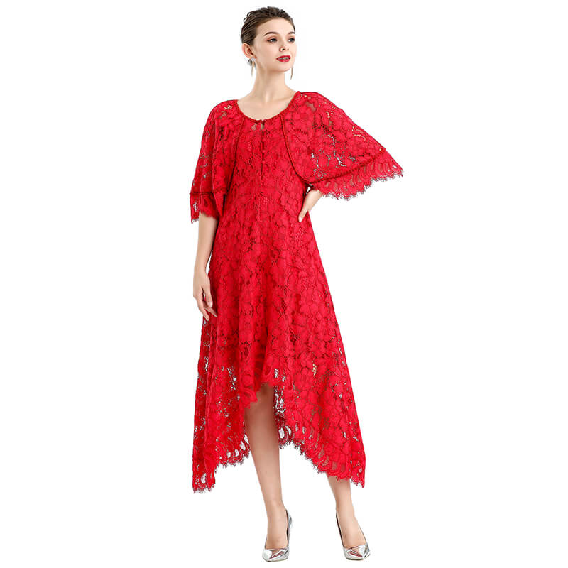 JJparty-D078-5 Women floral lace cape sleeve flared asymmetric hem midi evening dress