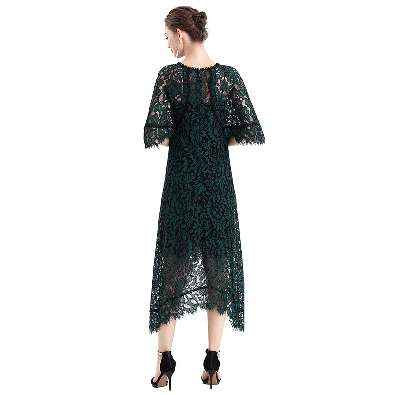 JJparty-D078-3 Women floral lace cape sleeve flared asymmetric hem midi evening dress