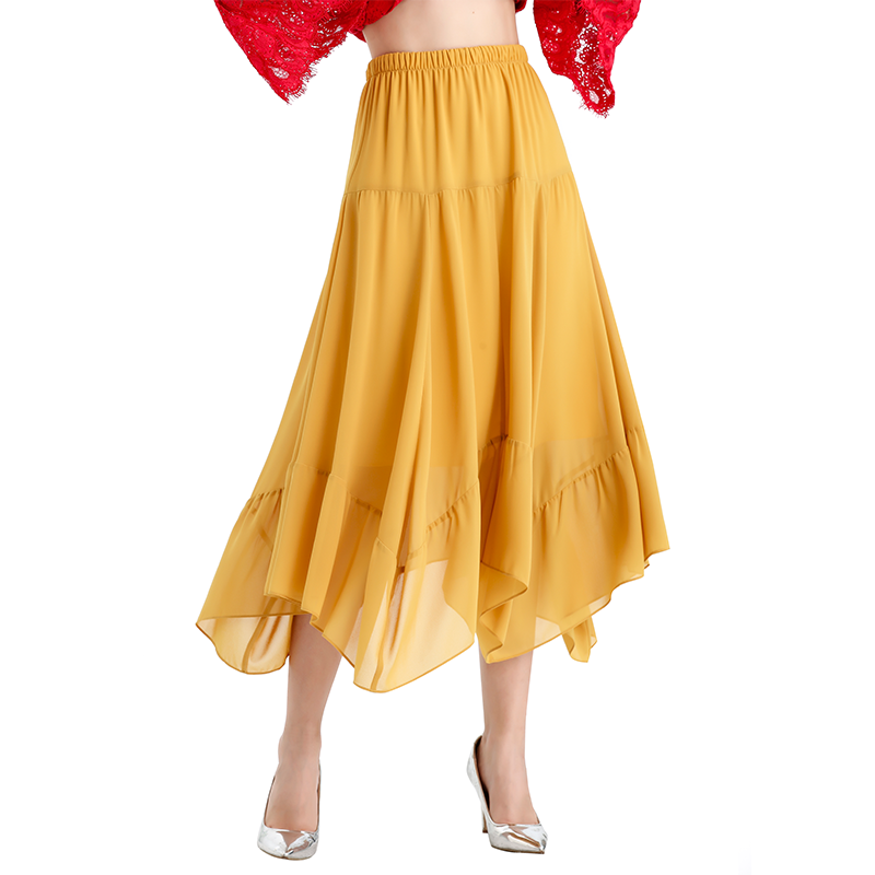 JJparty-S068-7 Women solid chiffon asymmetric panelled long flare handkerchief skirt