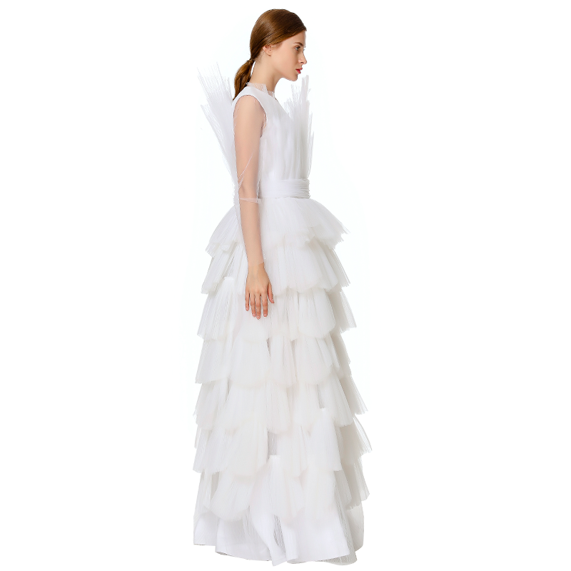 JJparty-D132 Women Girls satin top round neck pleated ruffle tiered tulle gown