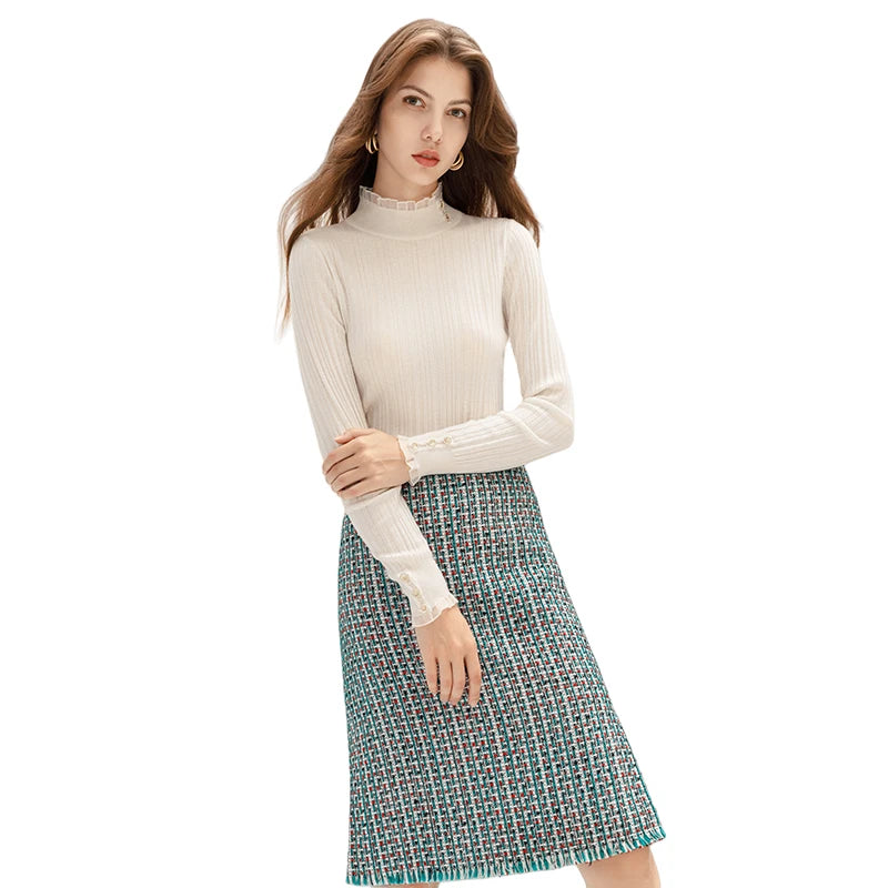 JJparty-C153 Women tweed plaid fringed hem A-line midi skirt